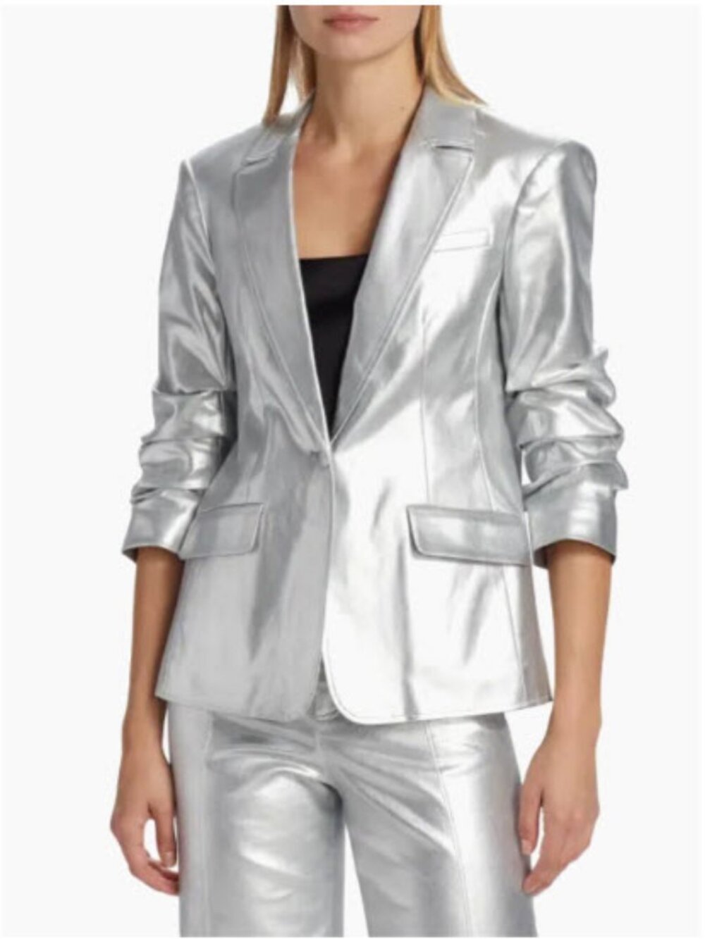 Womens Cinq a Sept Khloe Silver Foil (Item-9) 3/4 Ruched Sleeve Coated Blazer 2